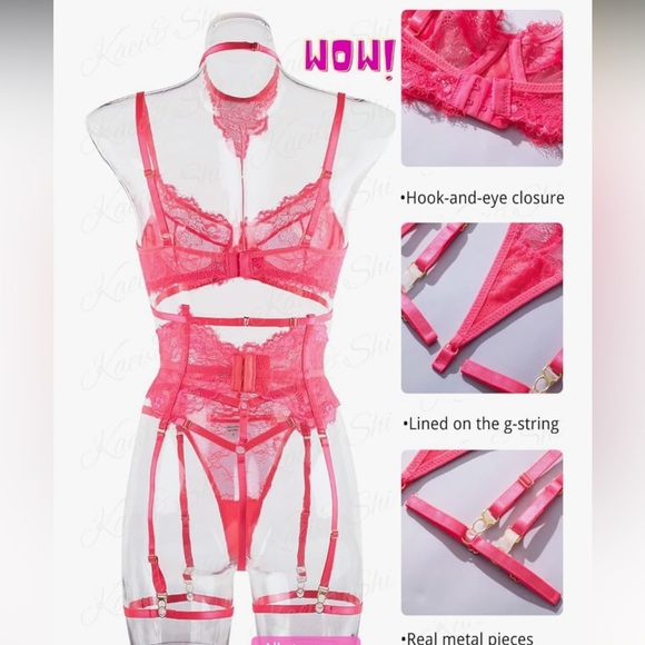 Neon Pink Lace 4 Piece Lingerie Set with Choker and Garters. - Picture 5 of 7